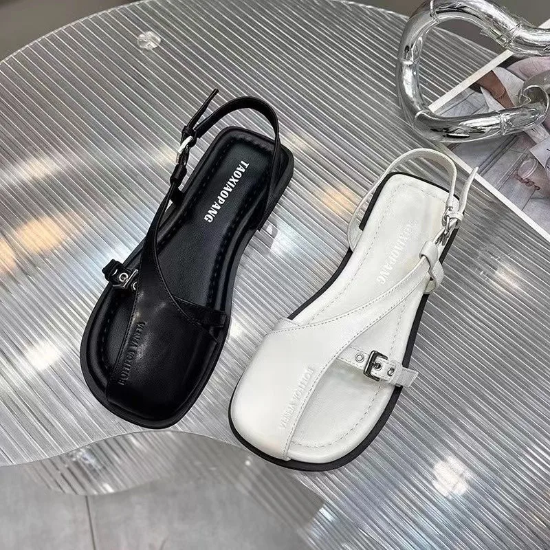 Summer 2024 New Baotou New Hollow Soft Leather Flat One Word Buckle Casual Fashion Women Platform Sandals 450c
