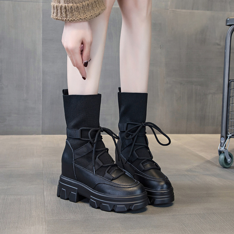 Fujin 8cm Thread Weave Synthetic Genuine Leather Snow Ankle Booties Platform Wedge Women Warm Autumn Winter Shoes Plush Boots