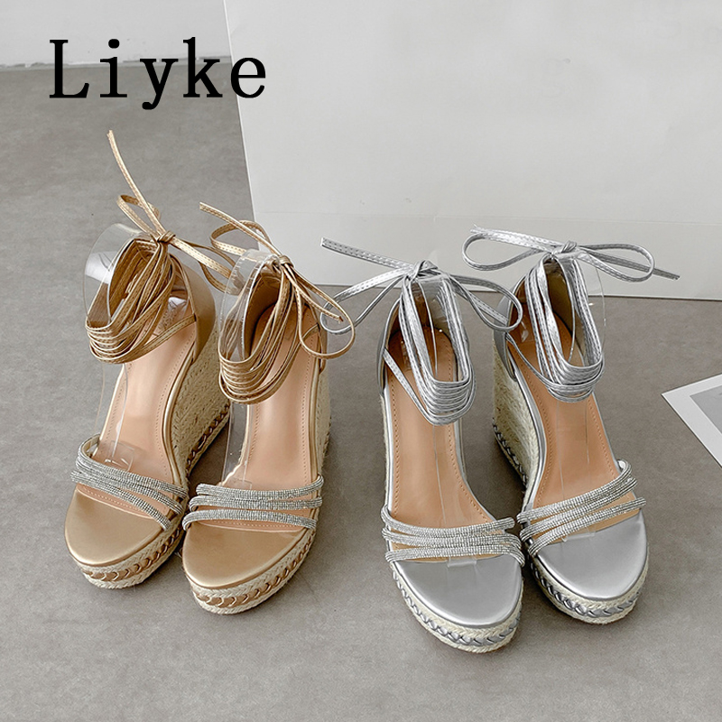 Liyke Handmade Weave Straw Rope Wedge Sandals Women Summer Fashion Crystal Open Toe Lace Up Platform High Heels Ladies Shoes