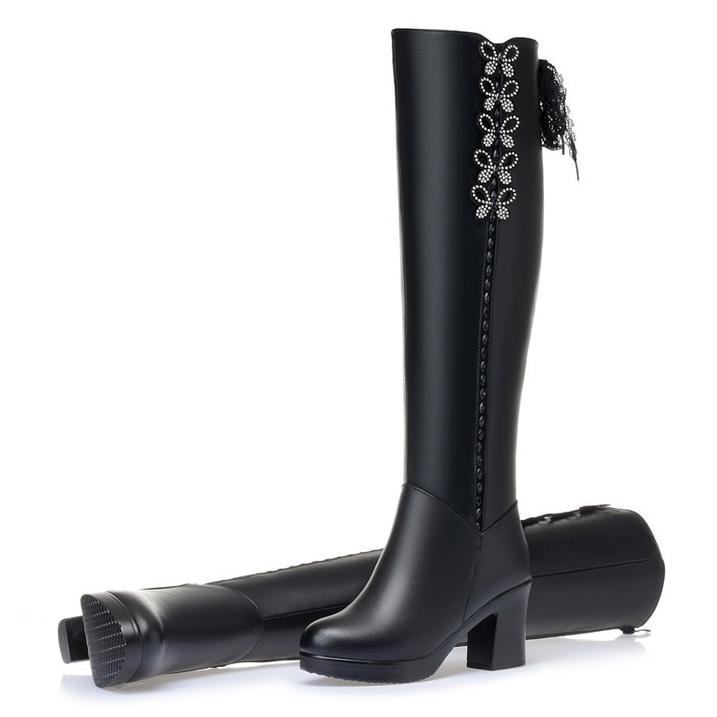 Thigh High Boots Women Winter Genuine Leather High Heel Fashion Women Over The Knee Boots Wool Warm Motorcycle Boots Women