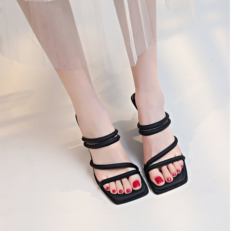 New New Summer Women's Slippers Square Toe Narrow Band Solid Casual Sandals Waterproof Block High Ladies Shoes 265c