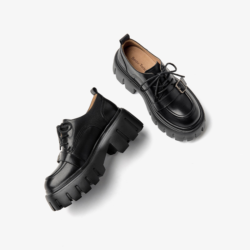 Derby New BEAUTODAY Shoes Women Calfskin Leather Belt Buckle Thick Sole Solid Color Lace-Up Autumn Ladies Oxfords Handmade 21965 8cb9