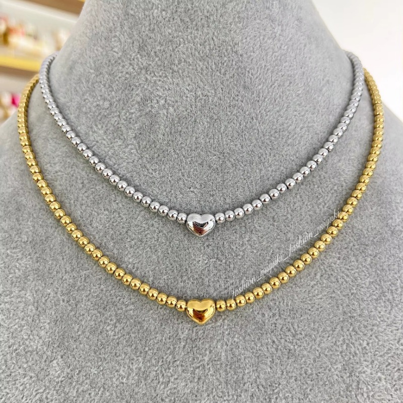 Unisex Gold Beaded Necklace Heart Brass Copper Women's Choker Trendy Fashion Jewelry Gifts for Party Weddings