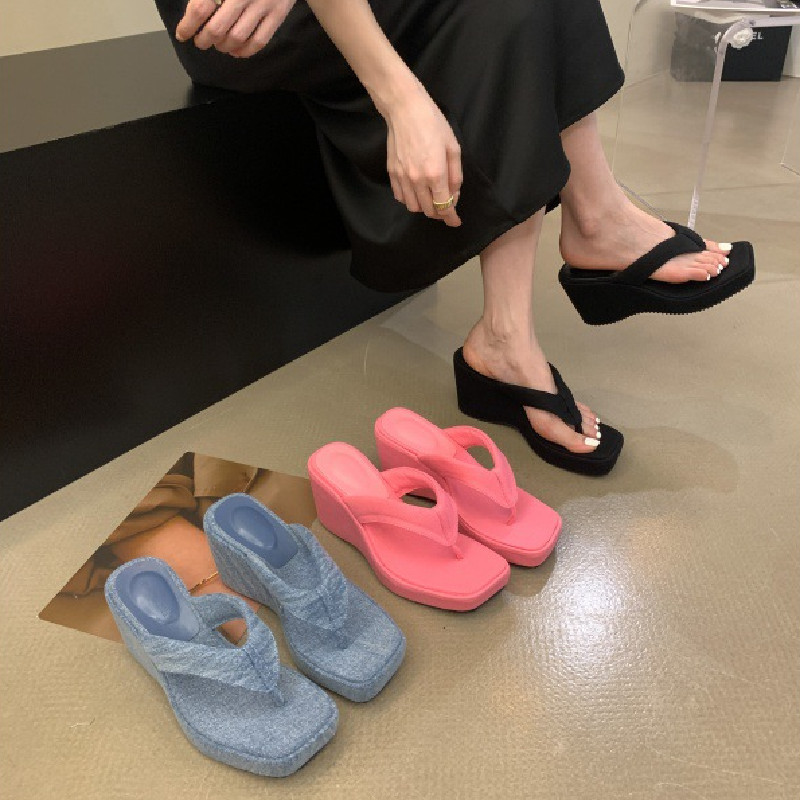 Jeans Denim Thick Soled Platform Flip ps For Women Square Toe Slippers Females New Slides Fashion Trend Summer Shoes