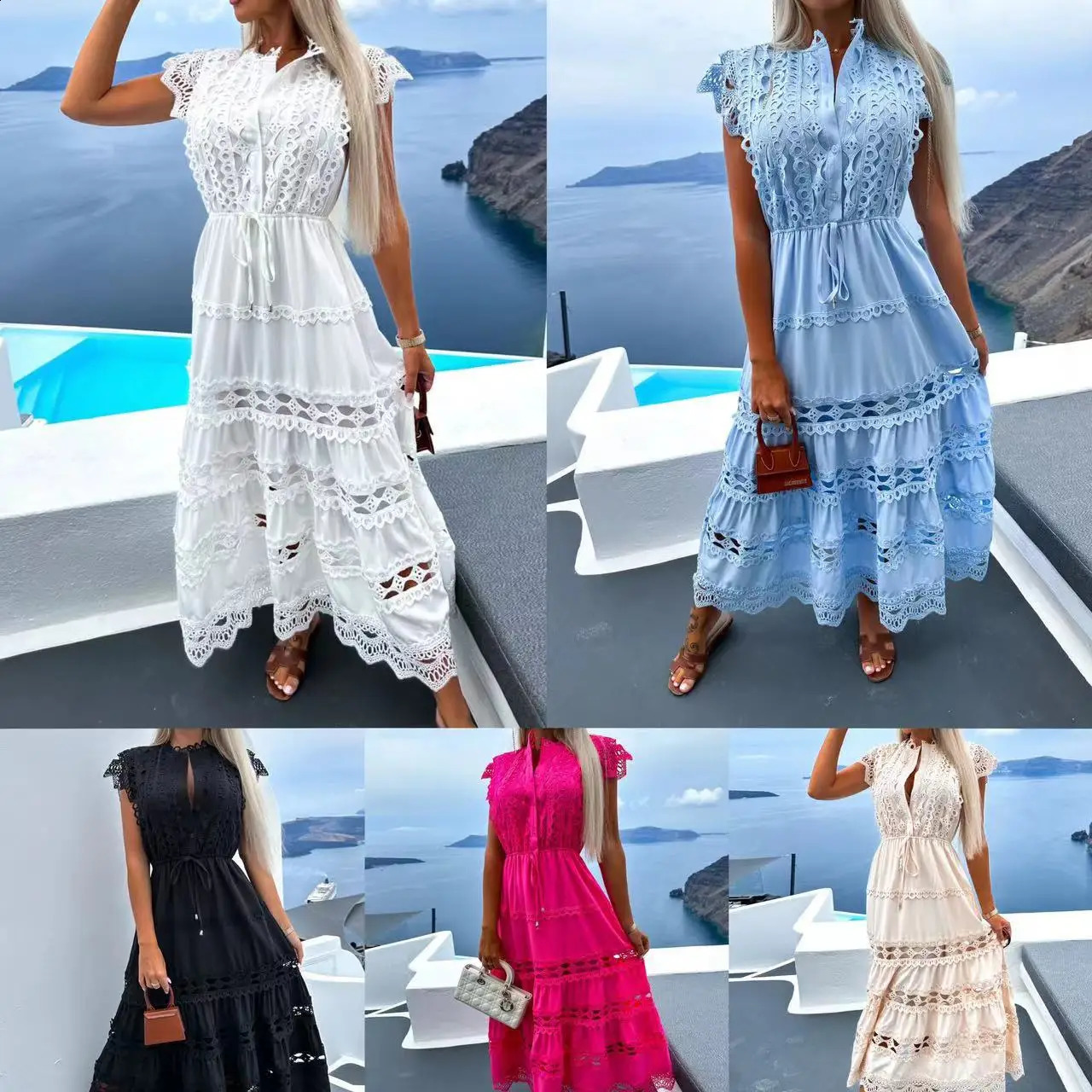 Womens summer dress with lace hollow splicing retro romantic round neck seaside beach a lined spiritual outfit 240903