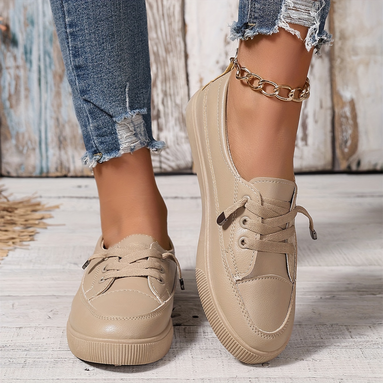 Womens Low-Top Slip-On Sneakers Breathable Mesh ing, Rubber Sole, Lace-Up Closure, Solid Color, Casual Style - All-Season, All-Match, White Trainers f