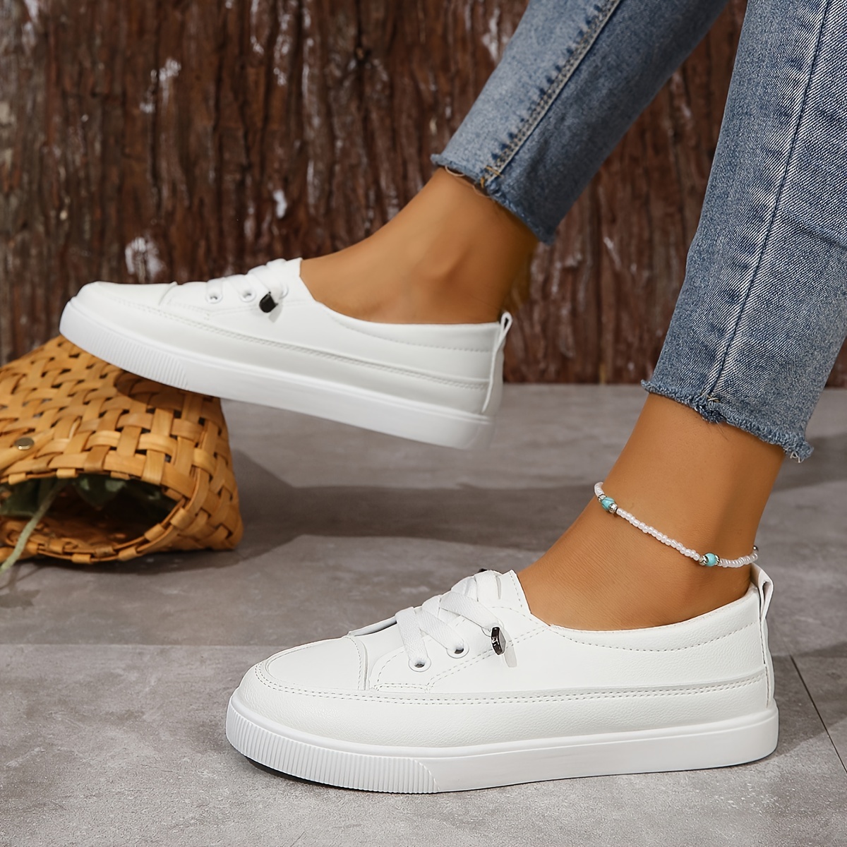 Womens Low-Top Slip-On Sneakers Breathable Mesh ing, Rubber Sole, Lace-Up Closure, Solid Color, Casual Style - All-Season, All-Match, White Trainers f