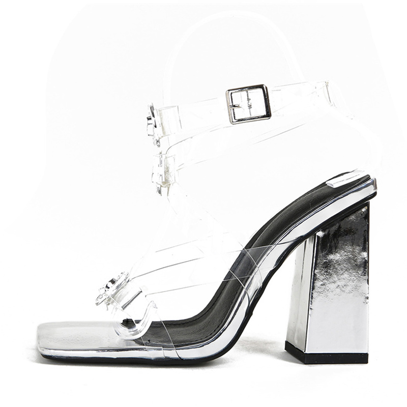 2025 new Fashion Liyke Design Metal Button Transparent Sandals Women Square Toe PVC Bowknot Ankle Strap Thick Heels Party Dress Shoes c6d1