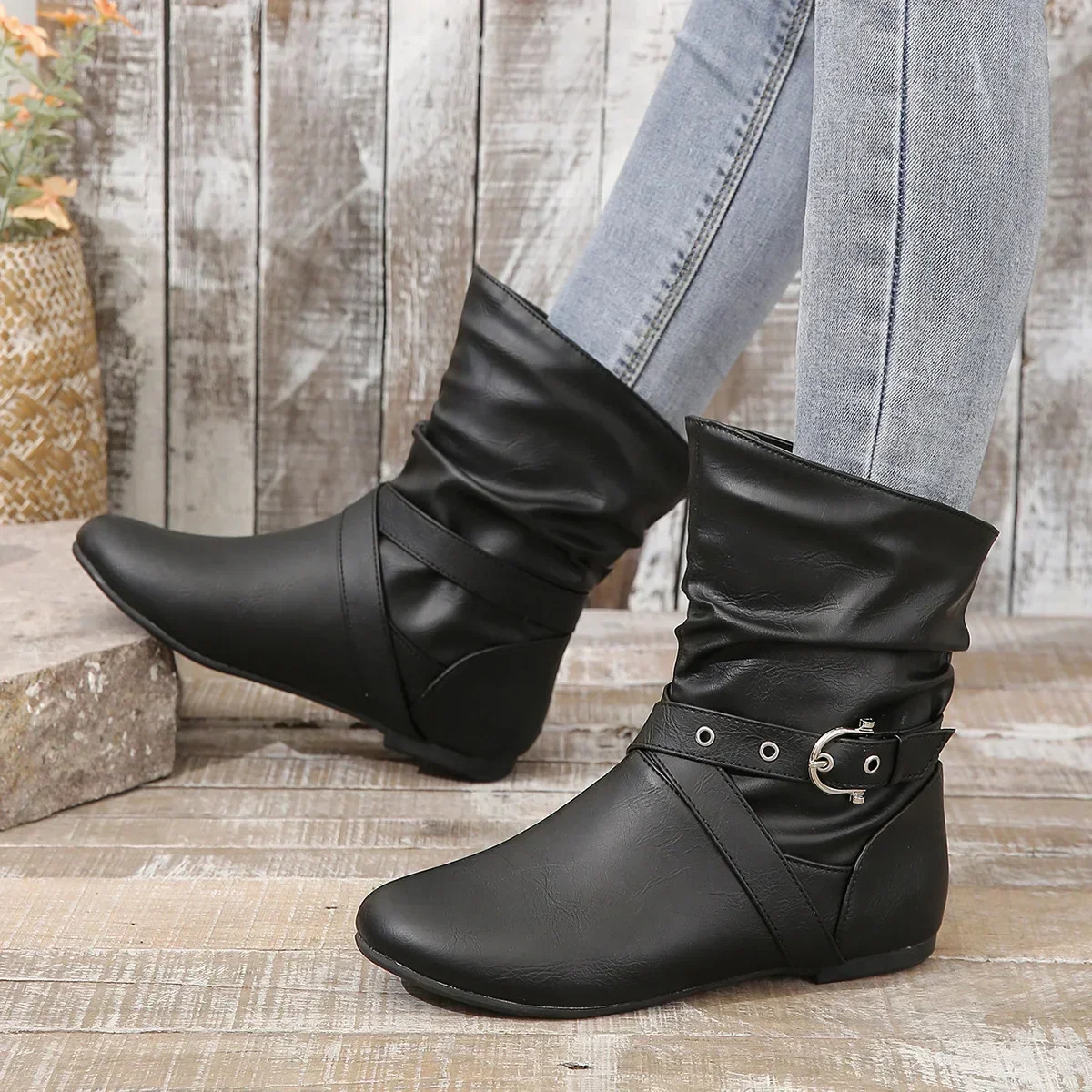 Sole Flat Female Ankle Women Solid Color Wide Calf Short Boots Ladies Slip on Pleated Plus Size 42 Booties Designer Shoes d776