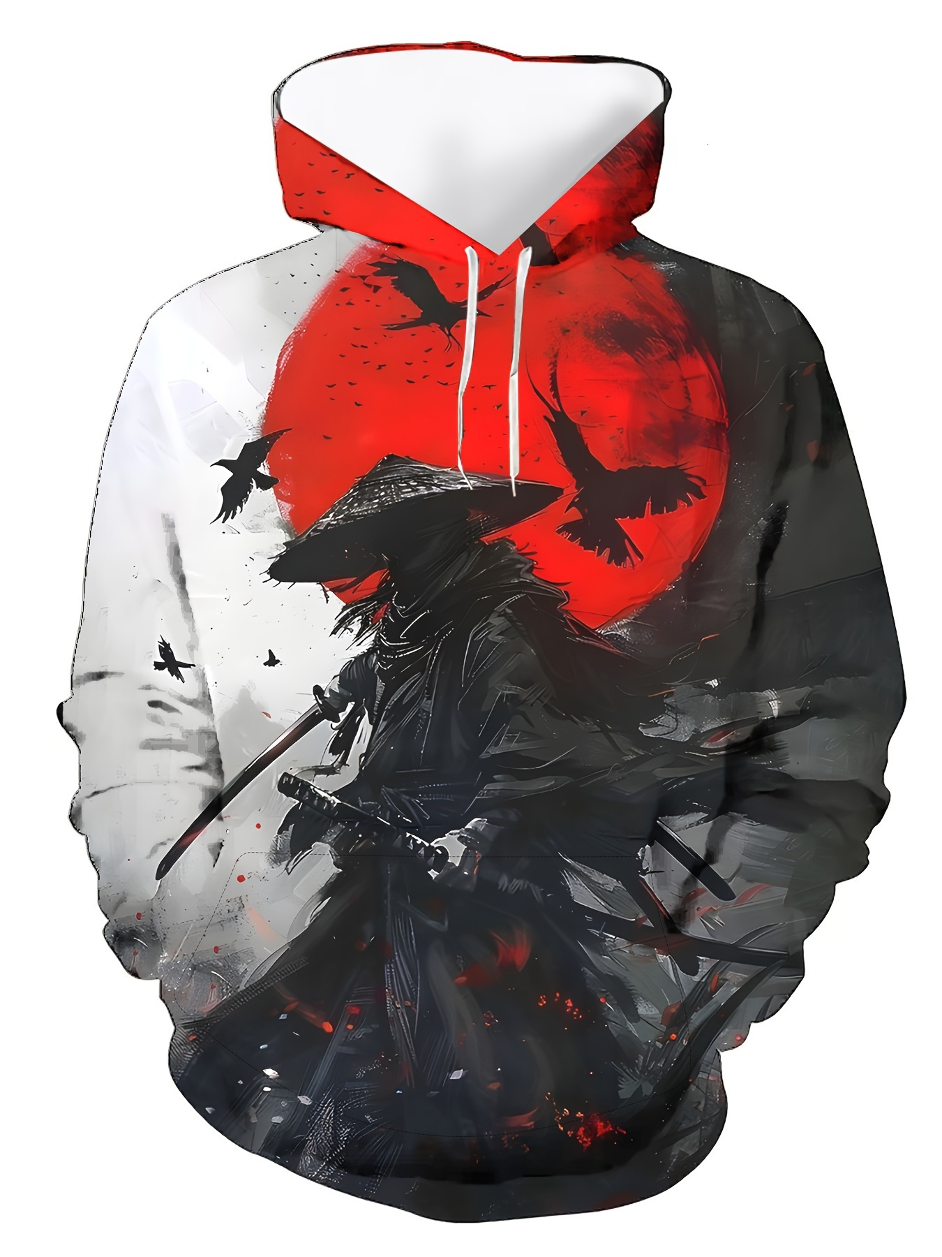 Men's 3D Samurai Print Hoodie with Kangaroo Pocket - Casual Pullover, Long Sleeve, Polyester Blend