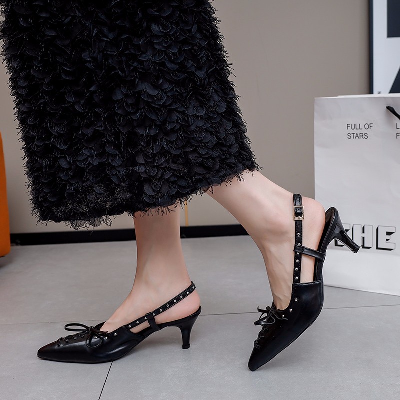 bow-wrapped Strap sandals 2024 summer new temperament pointed head after empty low heel shoes stiletto high heels women 62f0 s