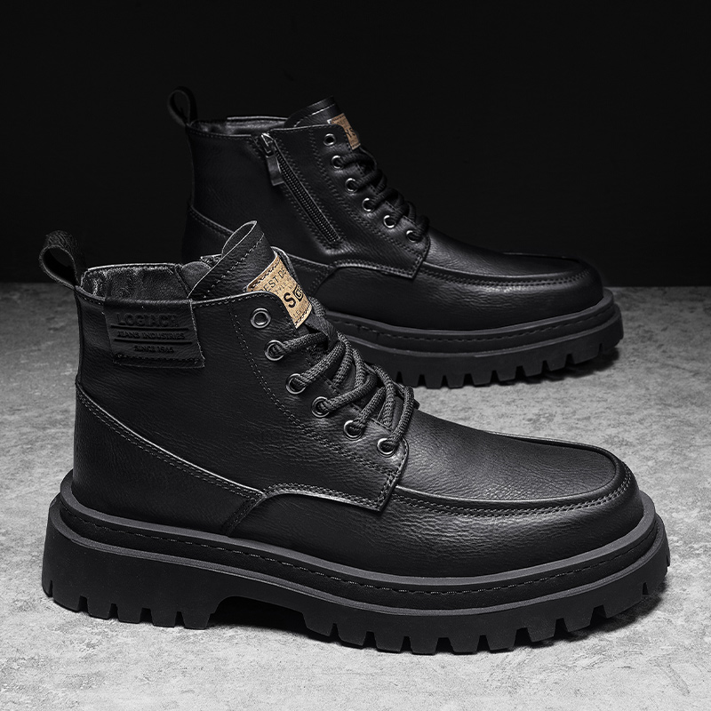 Trendy Men's Genuine Leather Boots Outdoor Hiking Shoes Breathable Cotton Boots Men's Casual Short Boots Thick Soled Brown