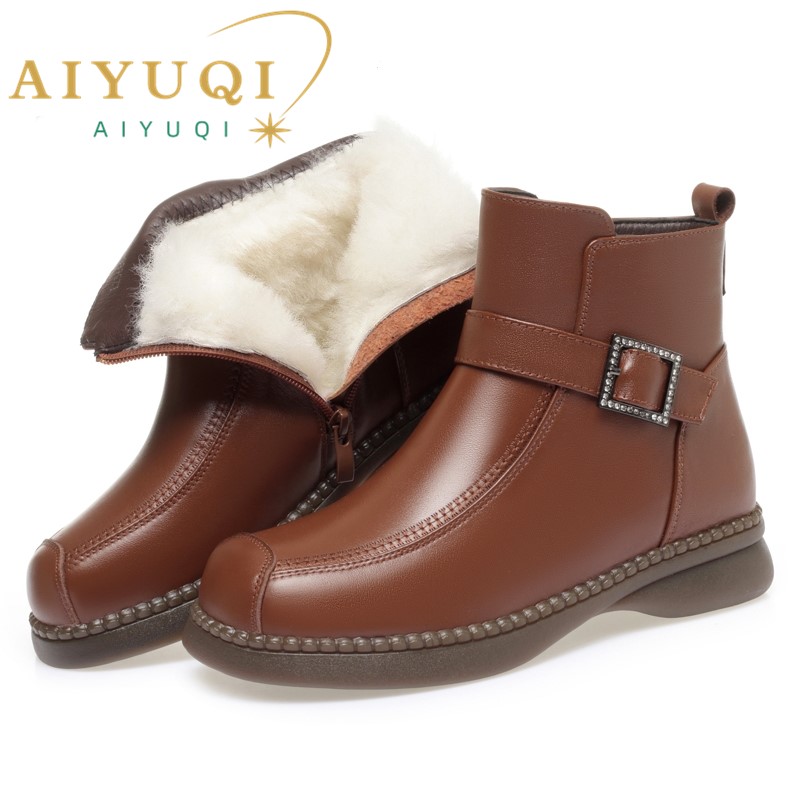 Women Winter Boots Genuine Leather 2024 Winter New Large Size British Style Women Booties Non-slip Wool Warm Women Ankle Boots