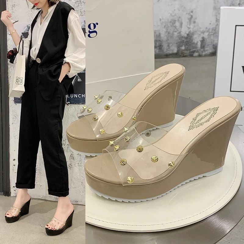 2025 new Clear Pvc Eraser Open Toe Cane Straw Platform Wedge Flip p Sandals Fashion Women's High Heels Plus Size bc79