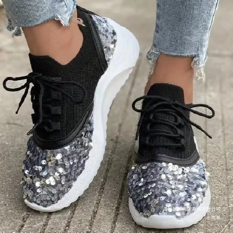 Casual Women Glitter New Sequins Sneakers Woman Fashion Lacing Large Size 43 Outdoor Sport Running Shoes atillas b0ce
