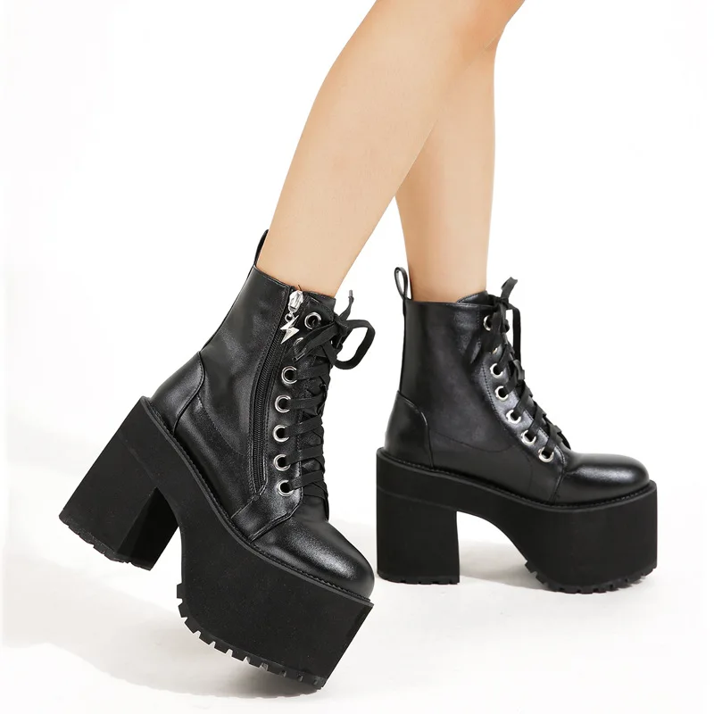 Women's Winter Short Boots High Heel Round Toe Chunky Heel Waterproof Platform 35-43