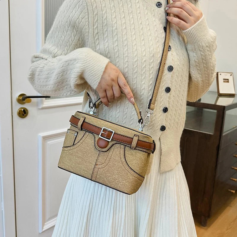Blue Denim Women Bag Black High Quality Brown Belt Pants Shaped Tote Bag Denim Box Bag Color Contrast Crossbody Bag 240902