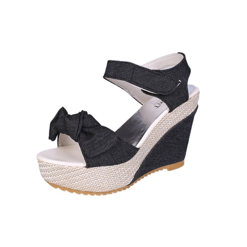 2025 new New Brand Ladies Platform Denim Fashion Bow Mixed Colors Wedges High Heels women's Sandals Casual Party Woman Shoes 7eba