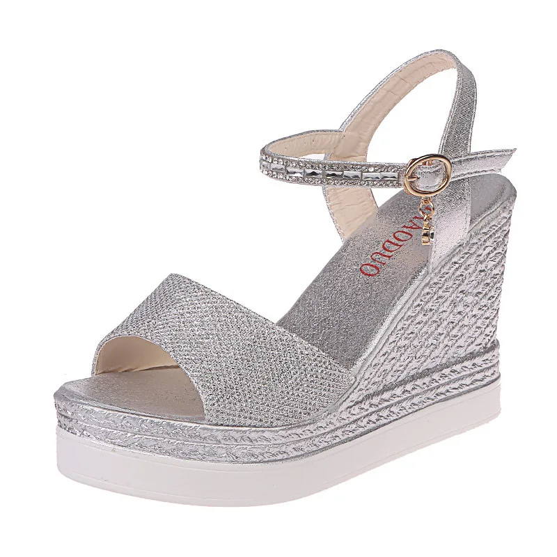 Women's Sandals 10cm Rhine-drill Buckle Thick Soled High Heels Ladies Casual Shoes Female Wedge Heel Fish Mouth Beach Sandals