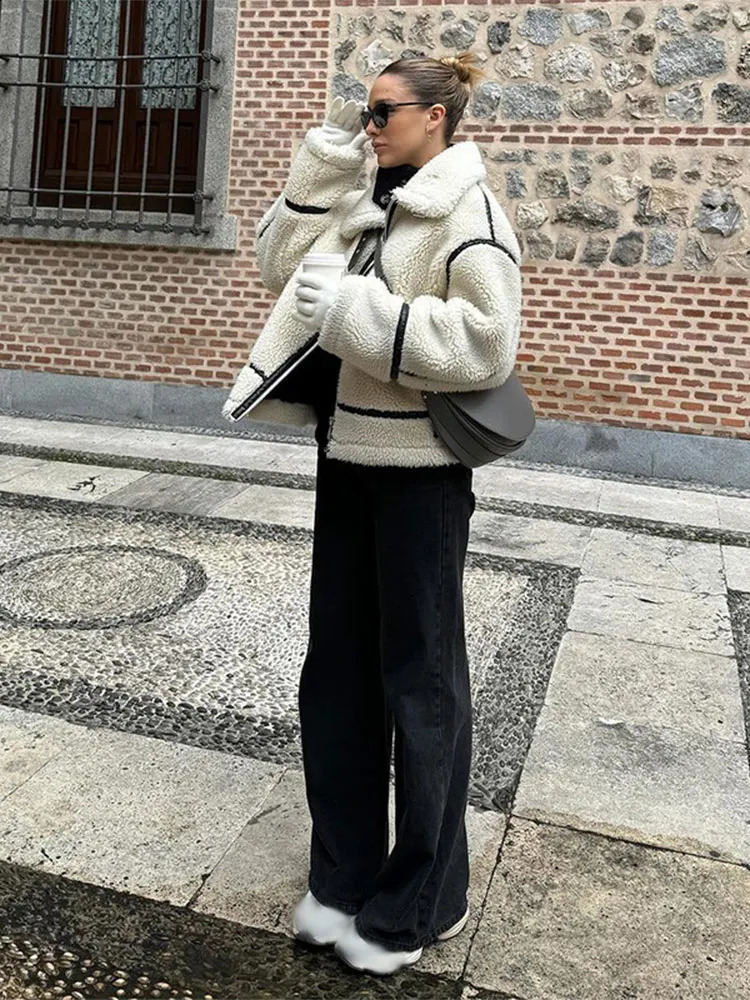 Autumn Winter Women Plush Zipper Jacket Solid Patchwork Long Sleeve Lapel Motorcycle Coat Fashion Female Street Warm Outerwear 240903
