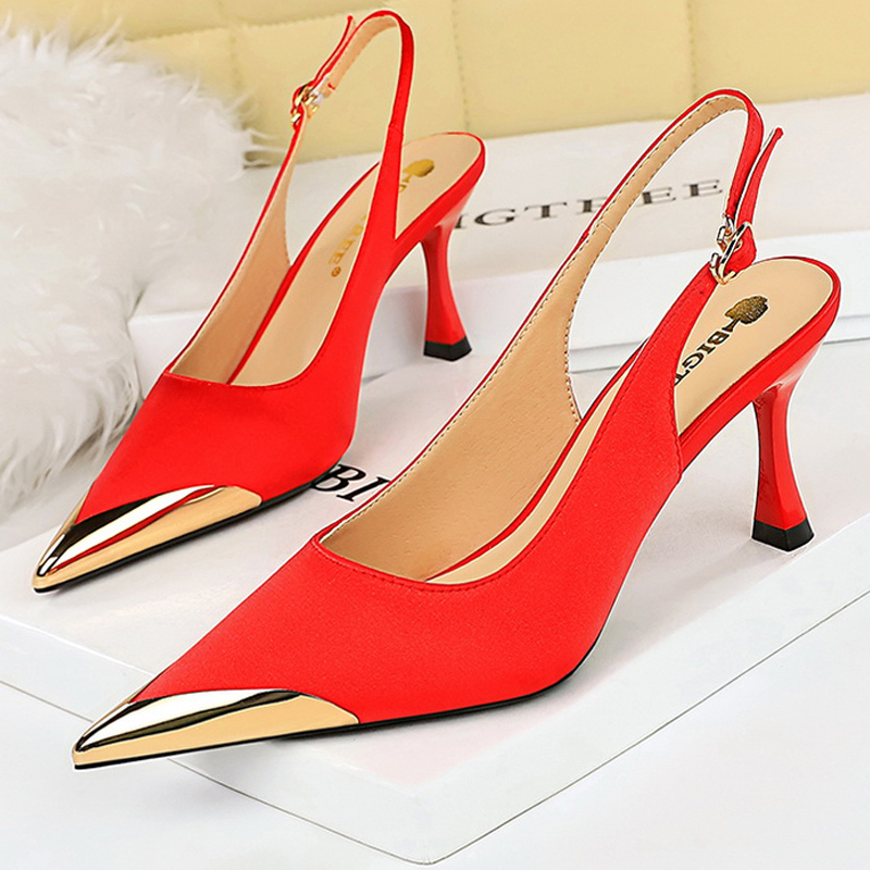BIGTREE Shoes Women 7 Cm Heels Metal Pointed Women Pumps Silks Satins Kitten Heels Hollow Back Women Sandals Sexy Lady Pumps