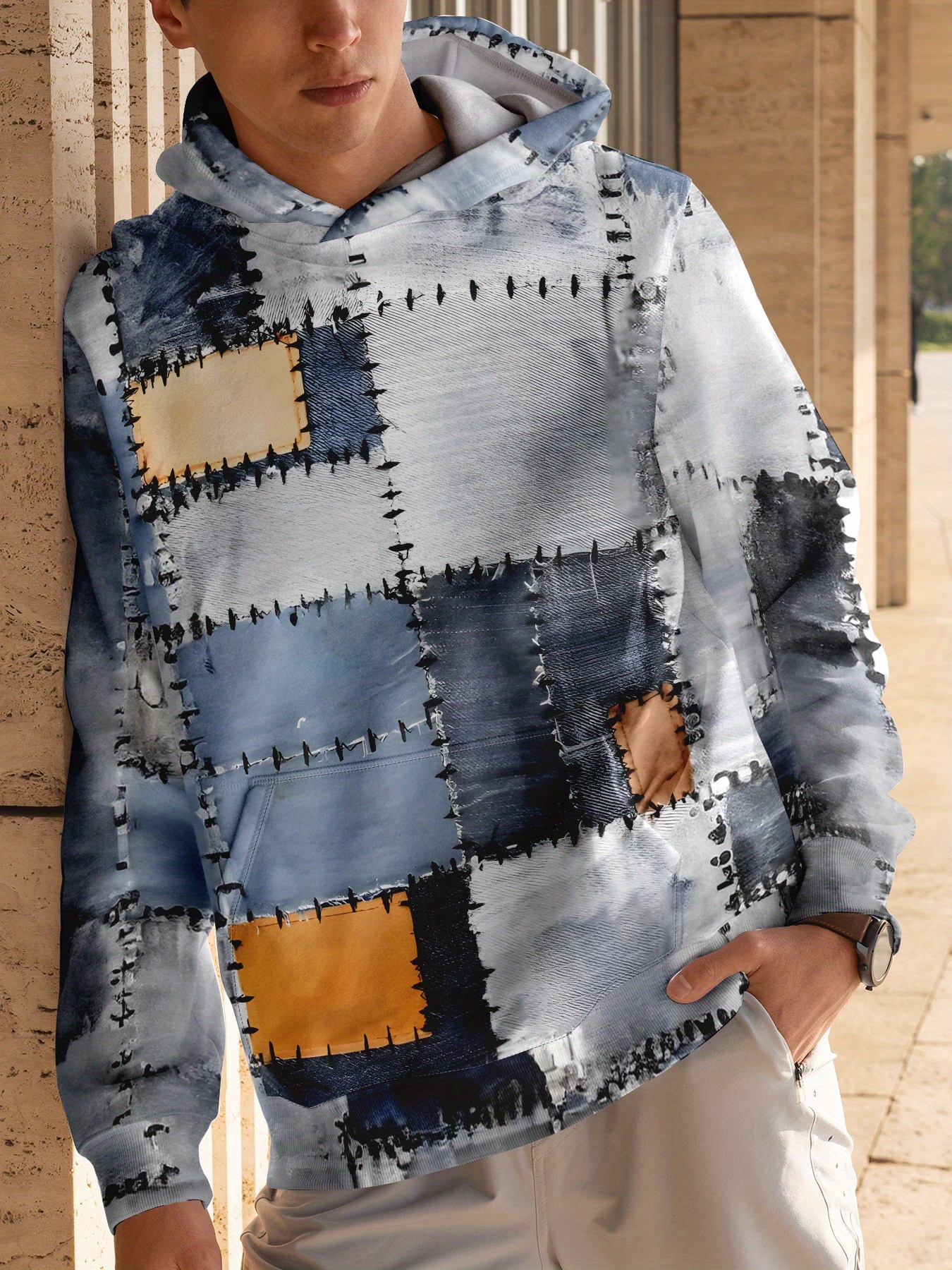 Stylish Men's Graphic Print Hoodie - Fashion Sweatshirts with Kangaroo Pocket, Active Long Sleeve, Hooded, Soft Brushed Fleece, Outdoor Wear, Cas