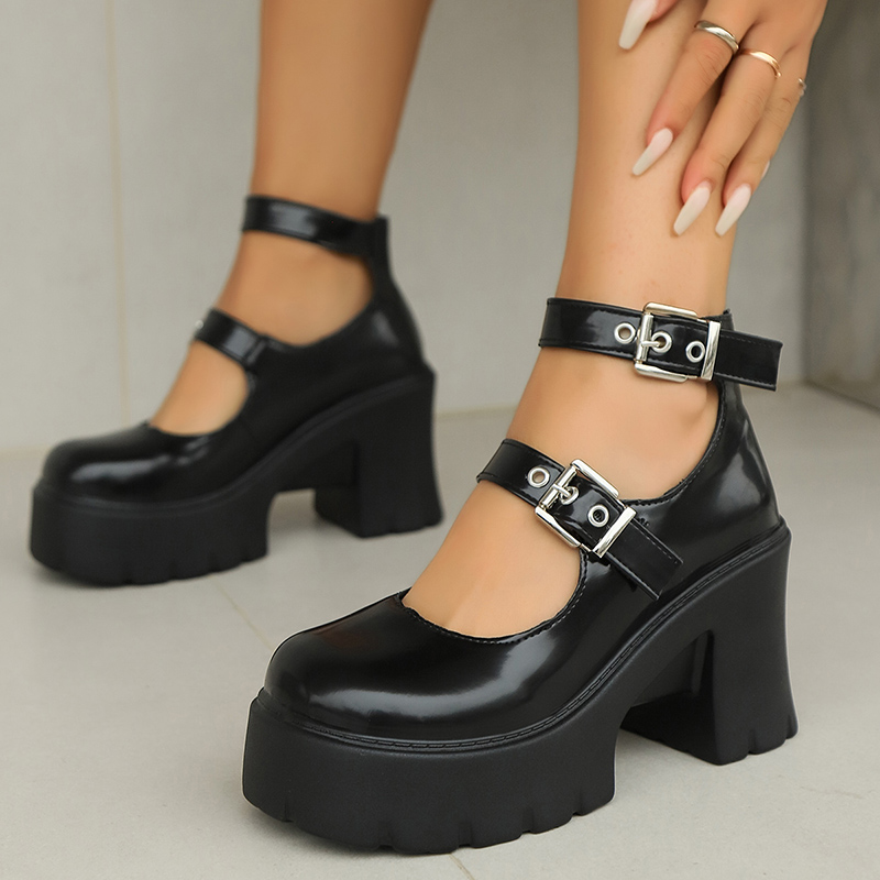 Chunky Punk High Heels Pumps Women 2024 Fashion Double Buckle Platfprm Mary Jane Woman Pu Leather New Cosplay Lolita Shoes 743e