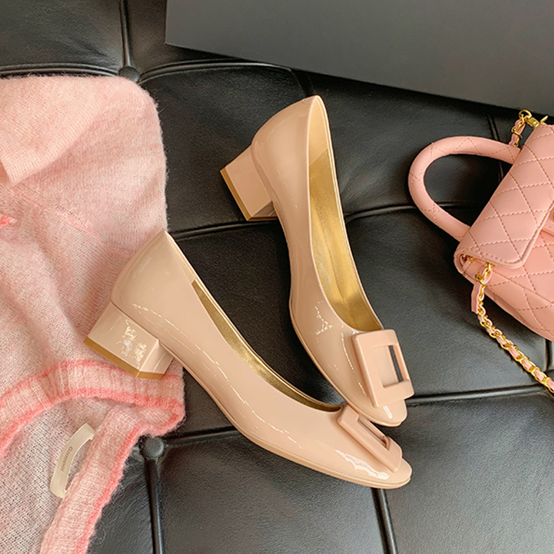 Luxury Metal Buckle Pumps Women Brides Wedding Shoes Med-High Heels Traf Chunky Heeled Shoes Ladies Office Dress Tacones Femme