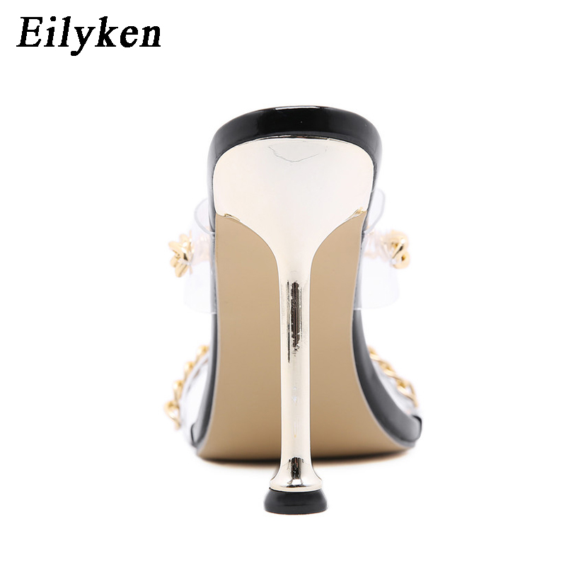 Clear PVC Eilyken Transparent High New Heel Slippers Summer Fashion Chain Design Slip On Square Toe Slides Women Quality Mules Pumps 4808
