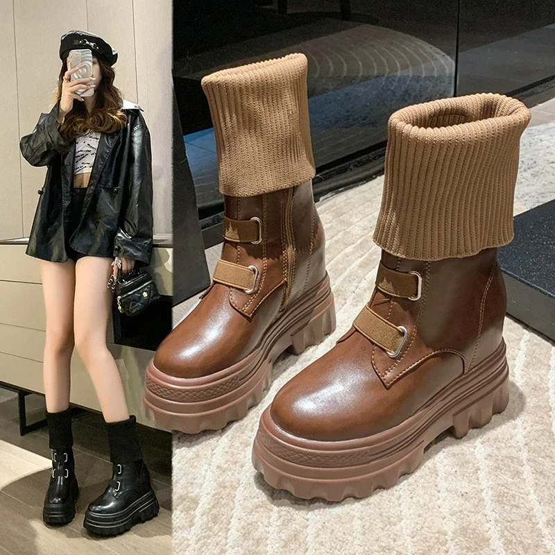 Platform Women Gothic Elastic New Band Wedges Boots Frosted Leather Thick Sole Punk Internal Increated Short Botas Mujer