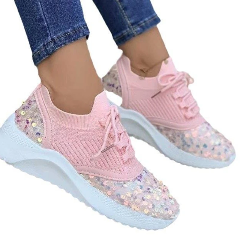 Casual Women Glitter New Sequins Sneakers Woman Fashion Lacing Large Size 43 Outdoor Sport Running Shoes atillas b0ce