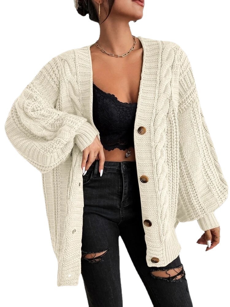 Loose sweater coat women fat autumn winter lazy Fried Dough Twists solid color cardigan V-neck lantern sleeve