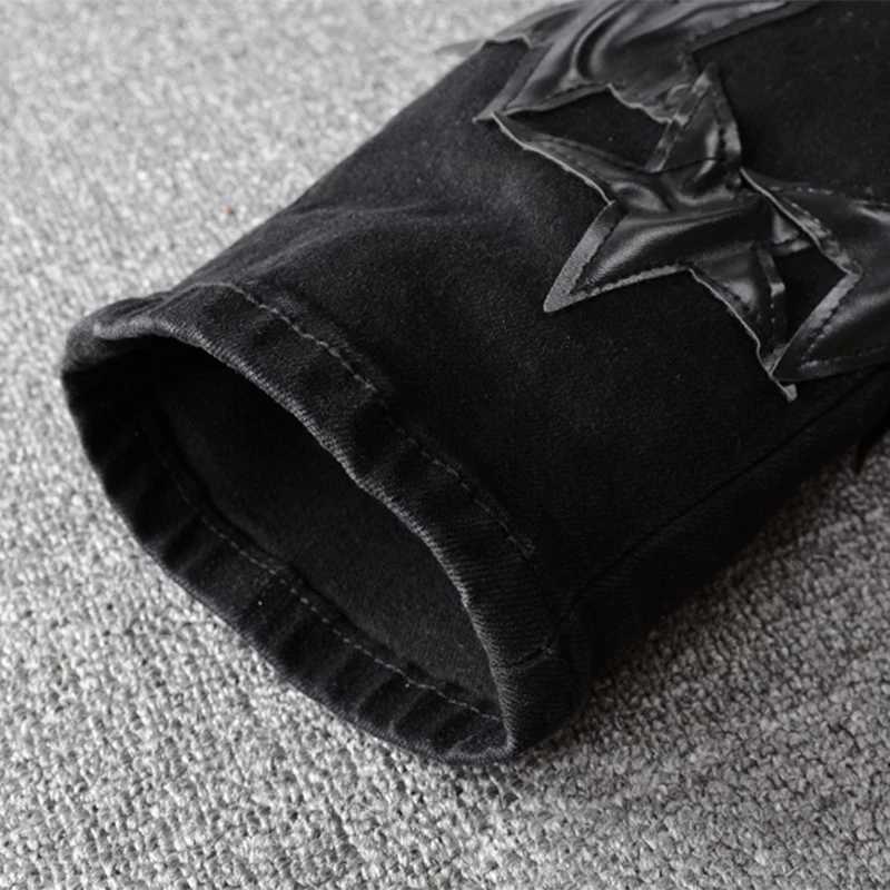 Men's Jeans Mens leather star patch jeans black stretch denim pencil pants ultra-thin patch work clothes J240830