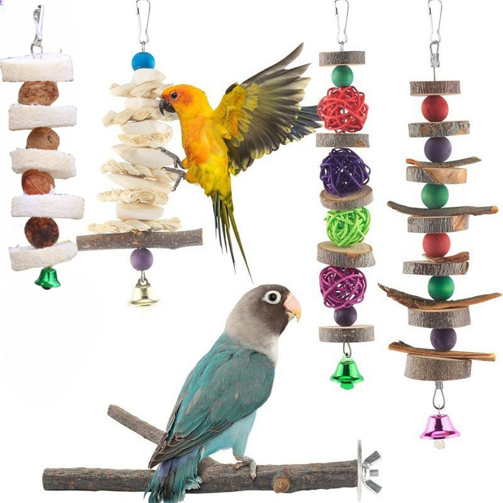 5pcs Parrot Toys Hanging Chewing Toy For Birds Parrots Climbing Ladders Playground With Ball Birds Wooden Perch Stand Bird Cage