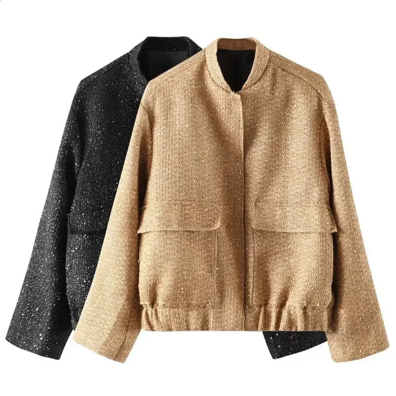 2024 Autumn Sequins Golden Loose Jacket for Women Sparkle Long Sleeve Casual Bomber with Pockets Female Fashion Coats 240903