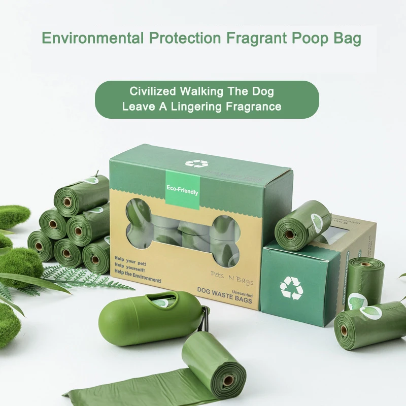 Pet Biodegradable Garbage Bags Eco-Friendly Portable Dog Poop Box Waste Bag Dispenser Lavender Fragrance 8/16/20 Rolls for Leash