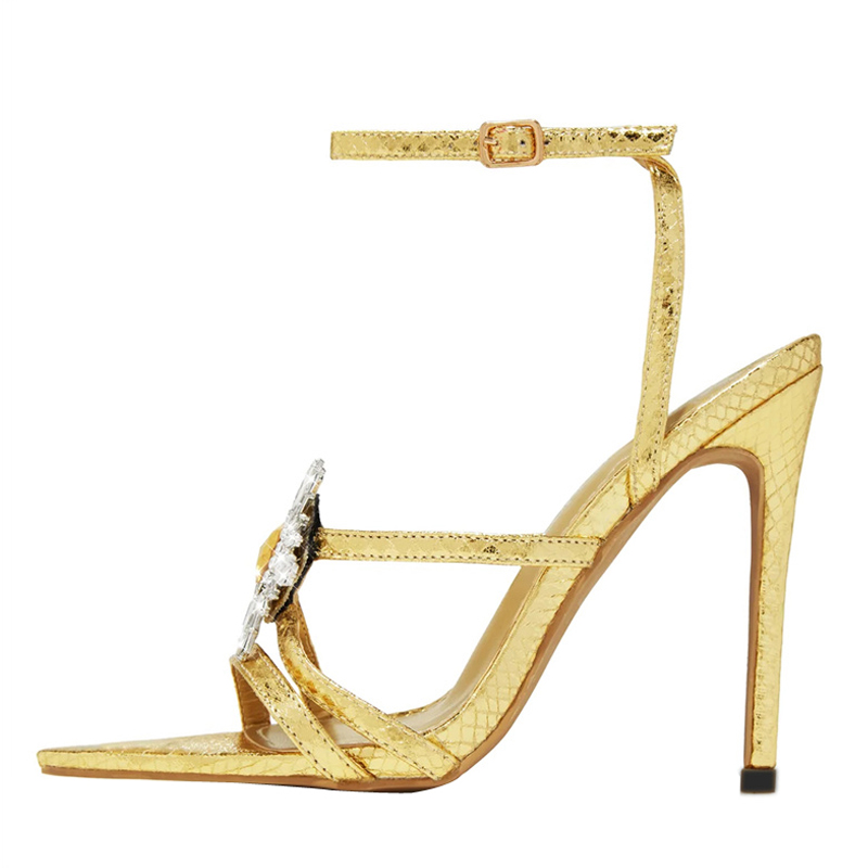 Designer Liyke Crystal wer Buckle Narrow Band Gold Sandal Women Summer Shoes Sexy Serpentine Pointed Toe Party Stripper Heels 5476