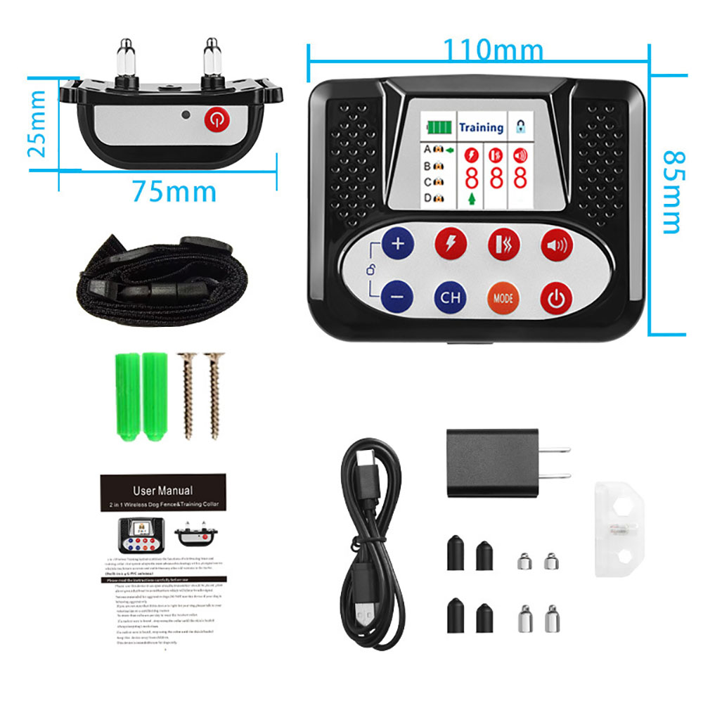 Pet Wireless Electronic Fence Smart Dog Training Device Anti-Lost And Anti- Barking Electric Shock Collar Color Screen Two-In-On