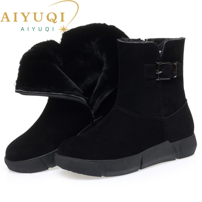 AIYUQI Women Snow Boots Genuine Leather 2024 New Natural Wool Women Winter Boots Large Size Wedge Warm Women's Booties