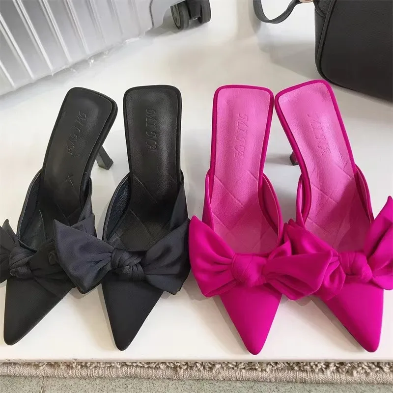 Style Butterfly-knot Mules Women Slippers Elegant Pointed Toe Thin High Heels Ladies Summer Fashion Party Prom Shoe2024