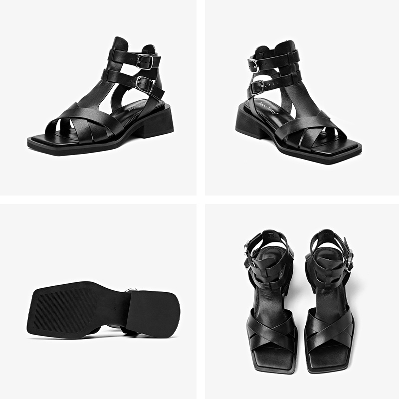 BEAUTODAY Gladiator Sandals Women Genuine Cow Leather Solid Black Crosses-strap Design Beach Ladies Shoes Handmade 33097