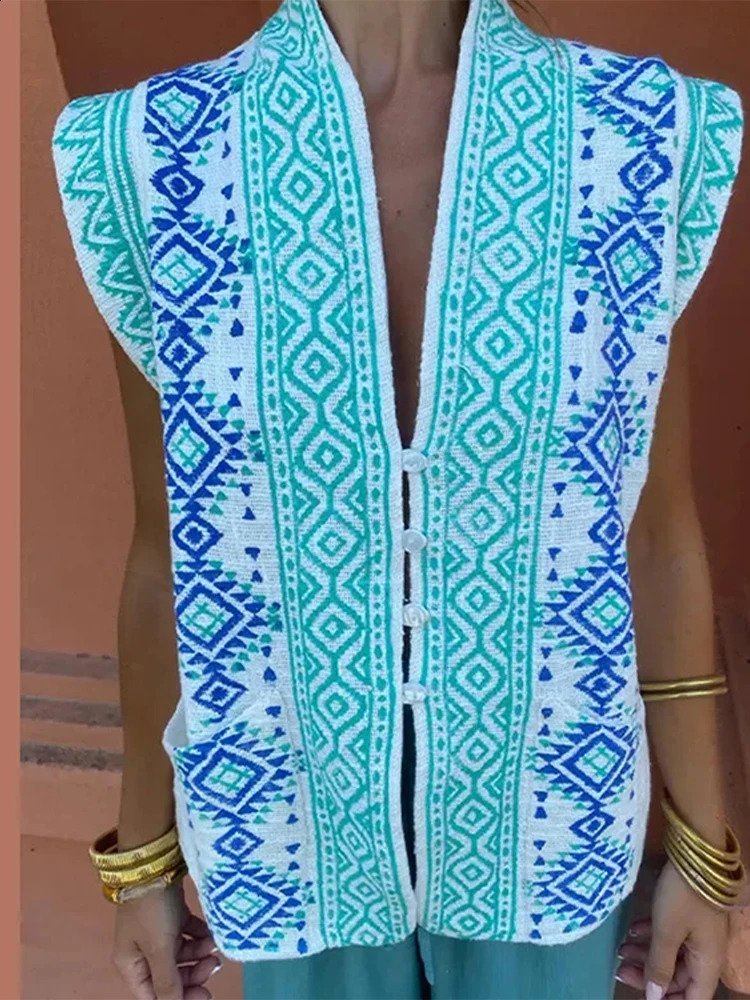 Printed Vneck Women Casual Coats Sleeveless Loose Vintage Vest Tops Chic Single Breasted Waistcoat Holiday Ladies Streetwear 240903