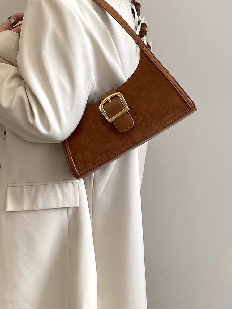 Vintage Niche Womens Underarm Bags Fashion Suede High-end Single Shoulder Bags Female Casual Commuting Brown Handbag 240902