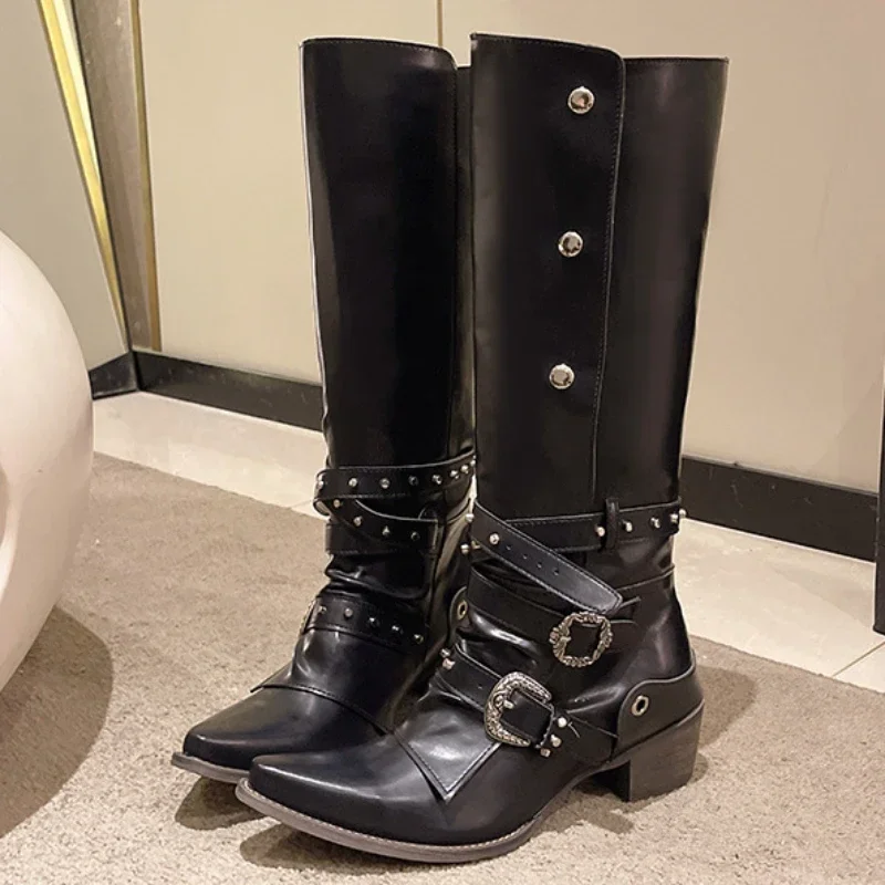 Women Metal Doctor Thick Heeled Black Boots Autumn Pointed Toe Pu Leather Mid Calf Boots Woman Motorcycle Boots Big Size 43