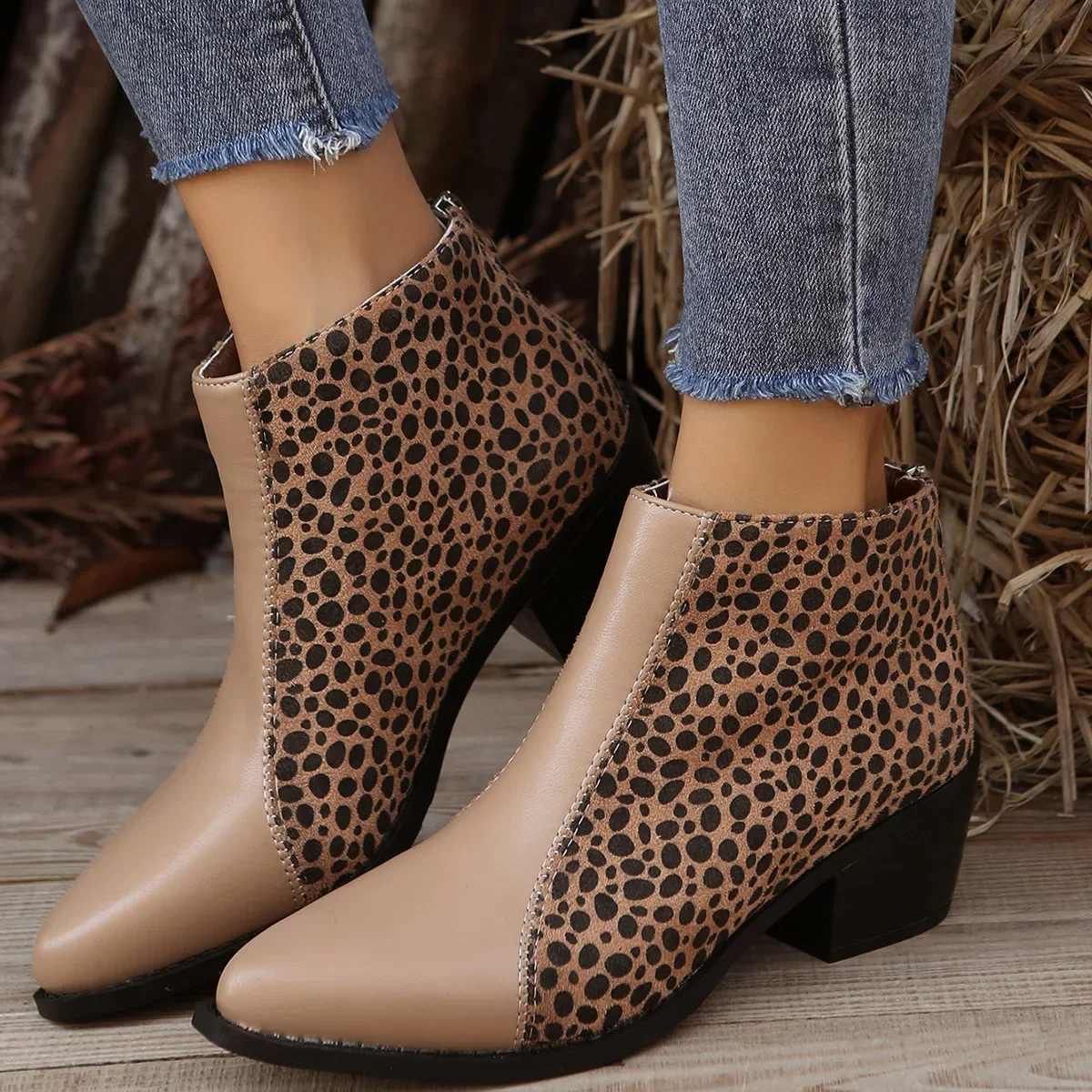 for Shoes Women Leopard Ankle Woman Pointed Toe Patchwork Short Barrel Chunky Heel Large Size Western Boots 2024 1a74