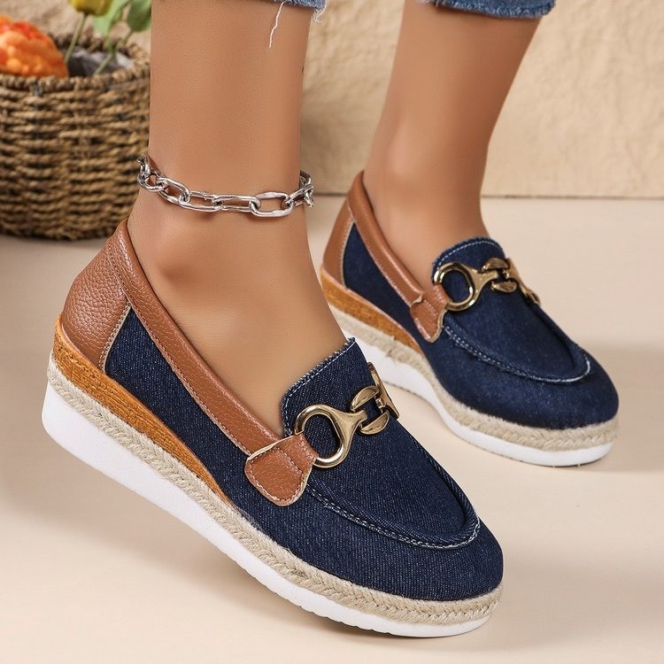 Large size womens 2024 summer new style metal buckle round toe flat casual cloth single shoes 36-42