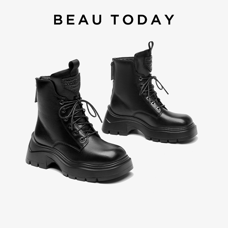 Ankle BEAUTODAY Boots Women Genuine Cow Leather Solid Color Punk Style Motocycle Short Plush Winter Ladies Shoes Handmade 03A56 02fc