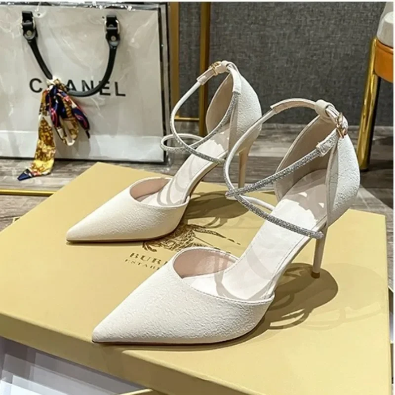 Women's Fashion Ankle Buckle Super High Heels Sandal Female Shallow Party Dress Pumps Pointed Coverd Heel Lady Shoe size EU35-39 hurenlakeshoes