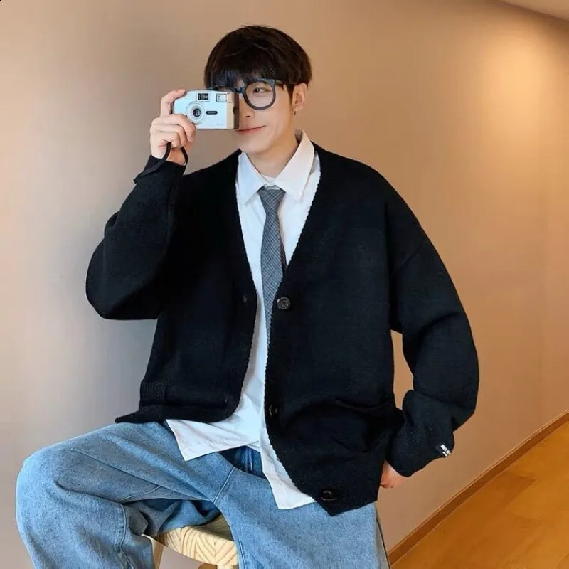 Man Clothes Cardigan Solid Color Knitted Sweaters for Men with Pockets V Neck Coat Jacket Plain Japanese Retro T Shirt Baggy S A 240903