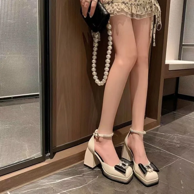 Plus Size Square Toe Super High Thick Heel Rhie Decal Hollow Sexy Women's Sandals Satin Fabric Ankle Strap Platform Sandal 4 12ec4